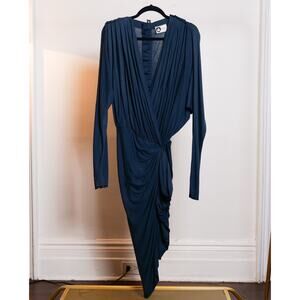 Lanvin Vintage Navy Blue Draped Ruched Viscose Silk Blend Dress (Size S)